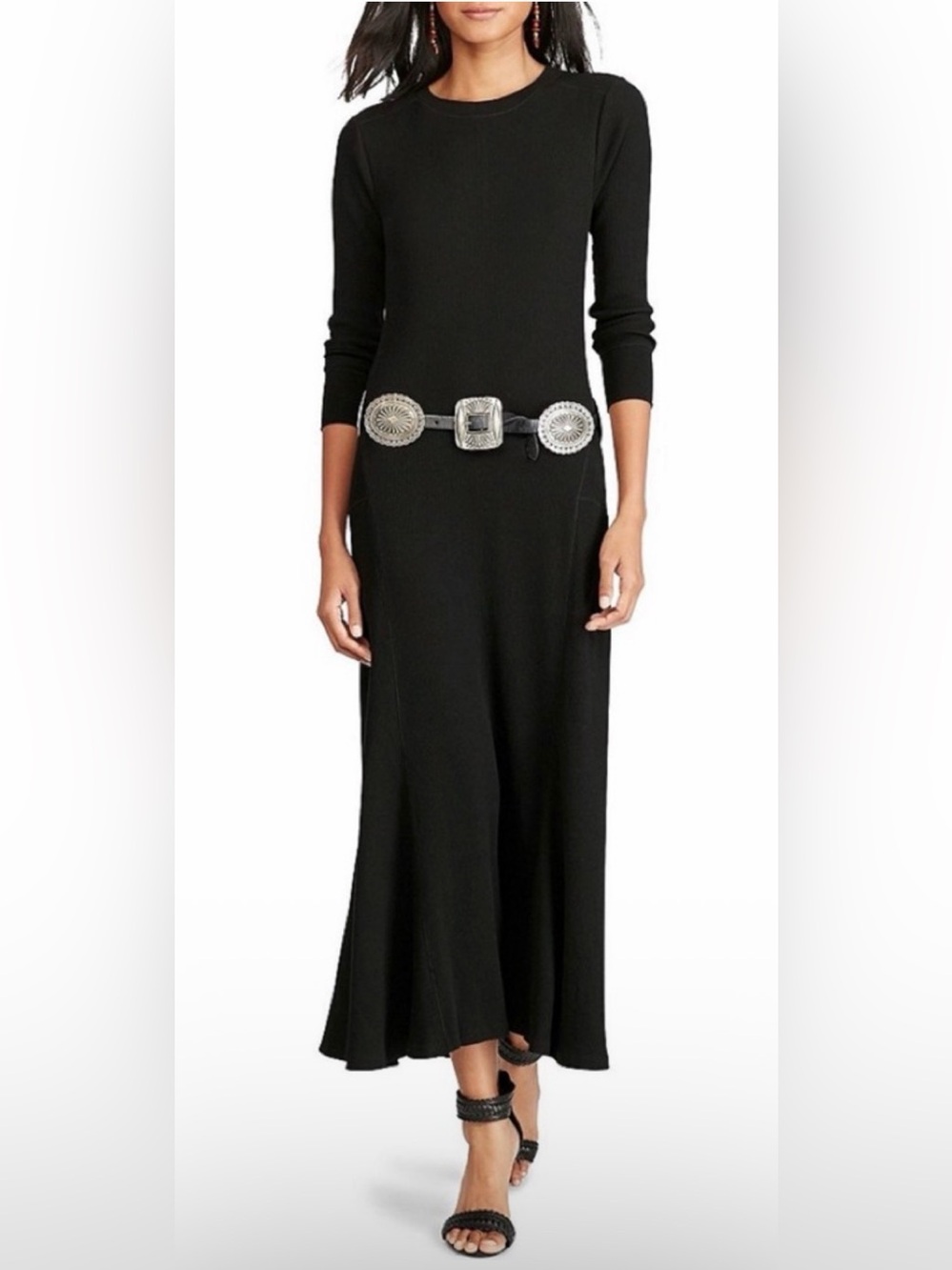 POLO RALPH LAUREN Waffle-Knit Midi Maxi Dress in Black 3/4 sleeves